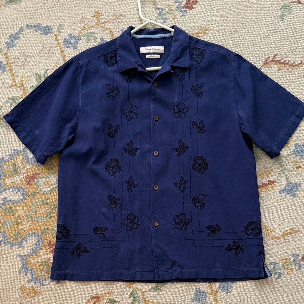 Tommy Bahama Blue Casual Raw Silk Button Down Shirt, vintage - Picture 2 of 6